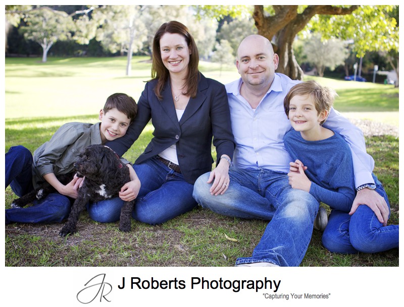 Family portrait on location with 2 kids and a dog - family portrait photography sydney